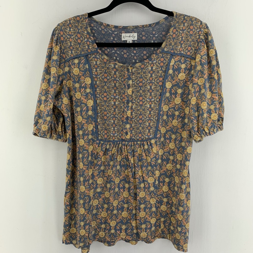 Wonderly Womens Medium Floral Cotton Puff Sleeve Peasant Top Boho Prairie Folk